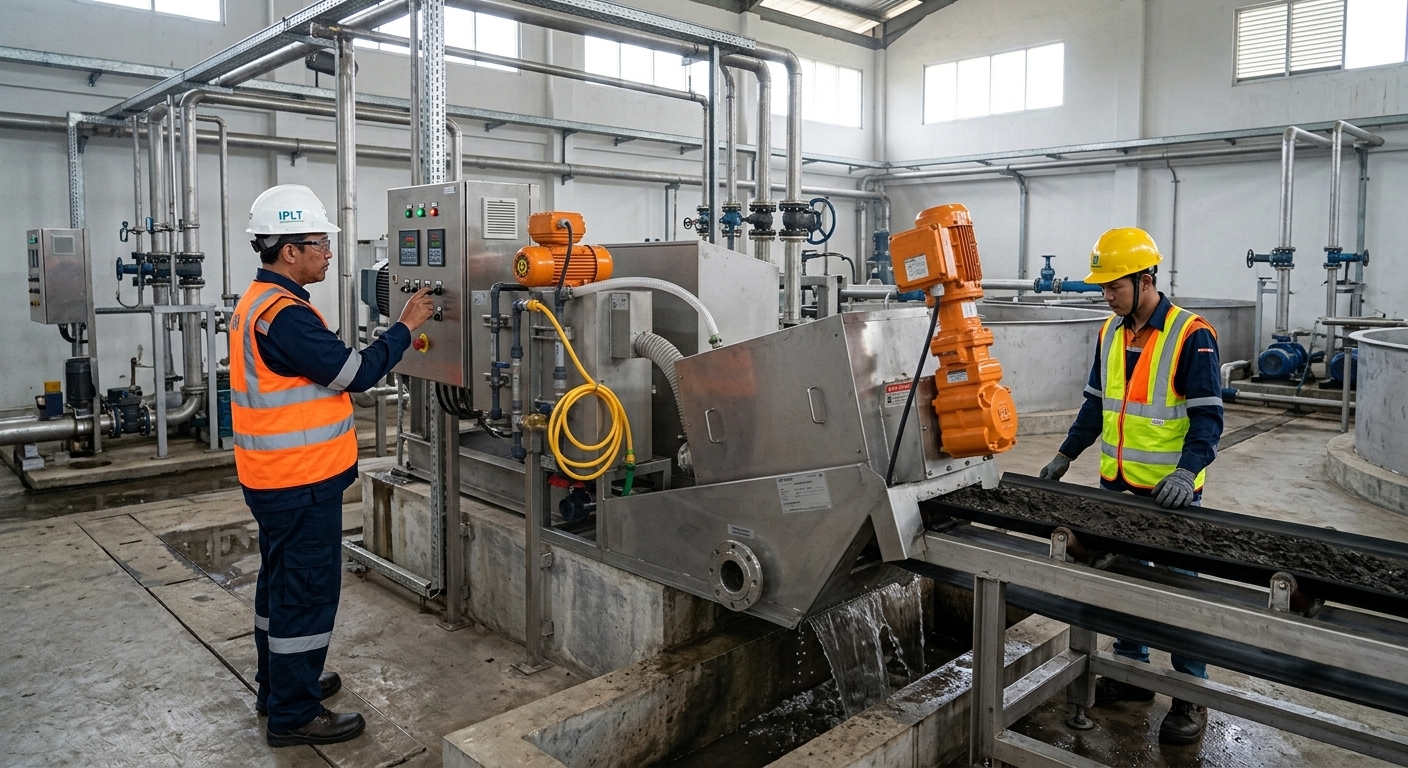 Instalasi Mesin Dewatering Multi-Plate Screw Press Pemisah Air Filtrat Jernih dan Sludge Cake Padat Pabrik Hydrovia